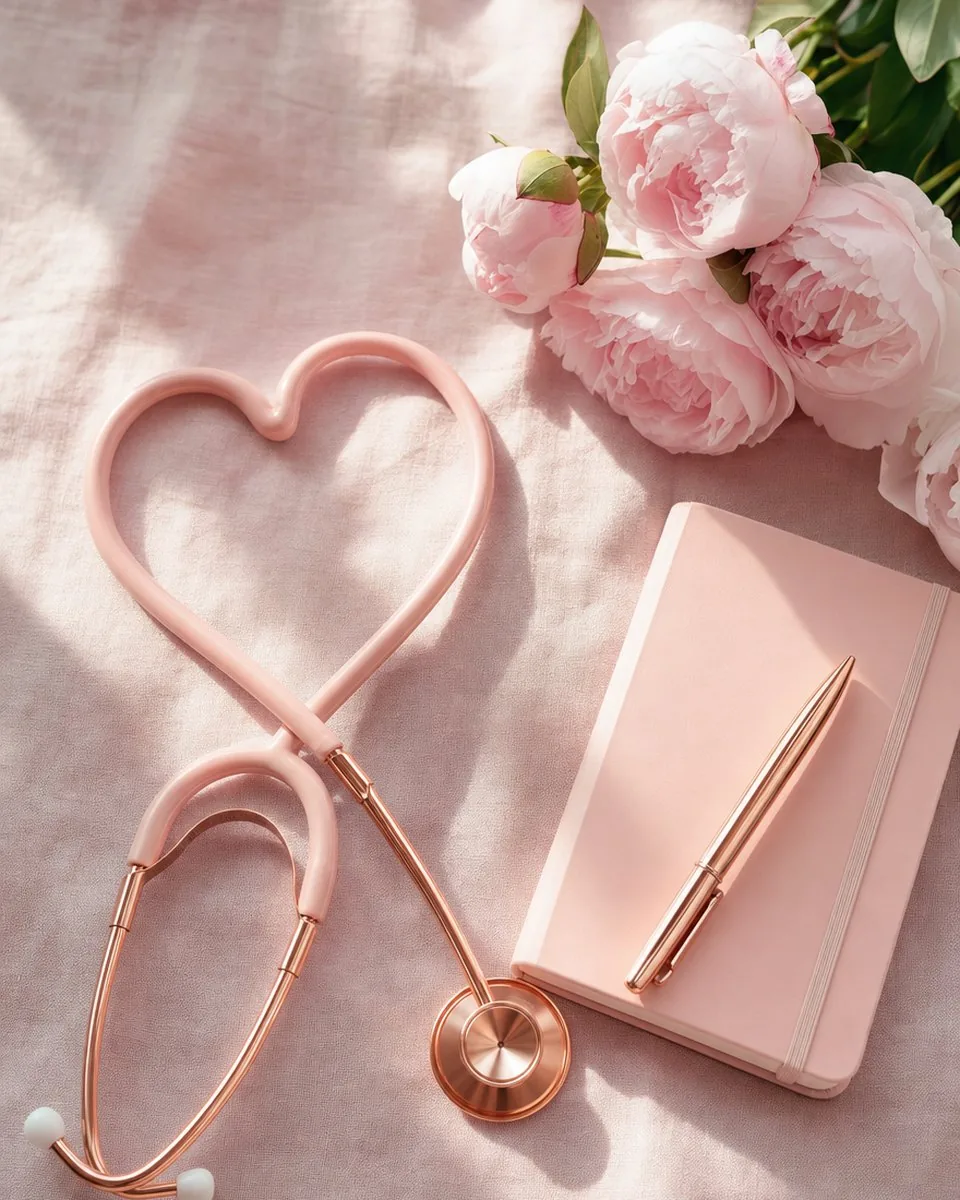 Stéthoscope rose doré replié en forme de cœur, carnet et pivoines sur un lin rose pâle