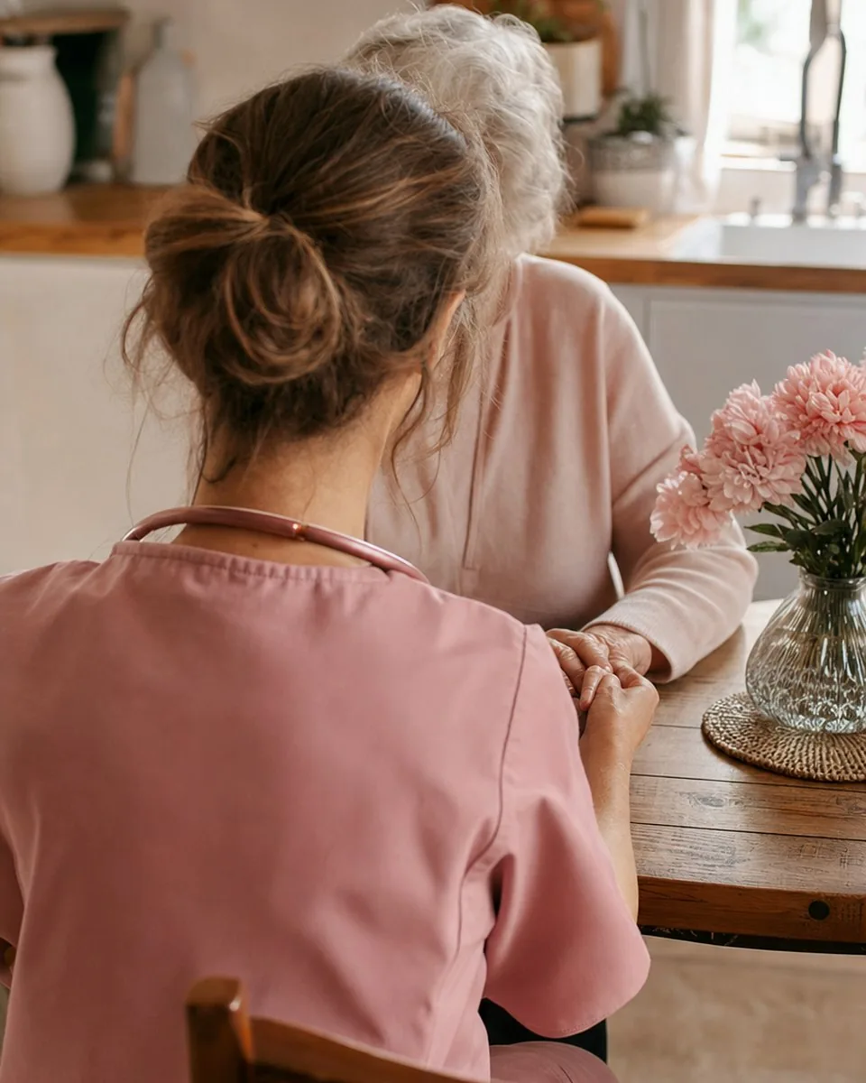 Une infirmière auxiliaire tient la main d’une dame âgée, assise à sa table de cuisine, dans la lumière du matin