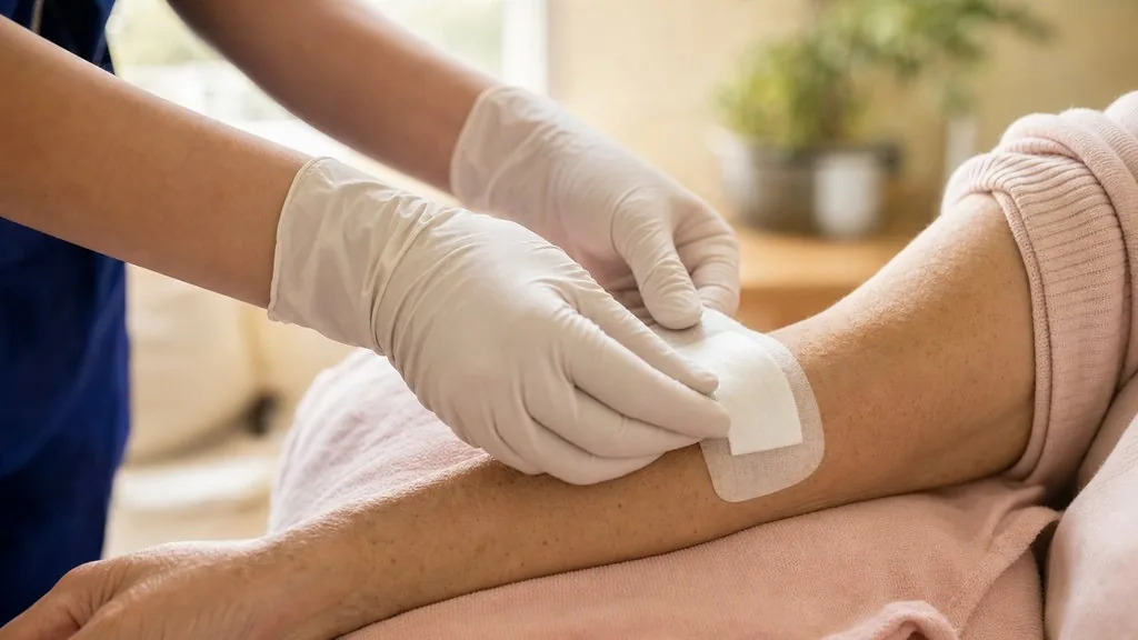 Mains gantées qui posent un pansement propre sur un avant-bras