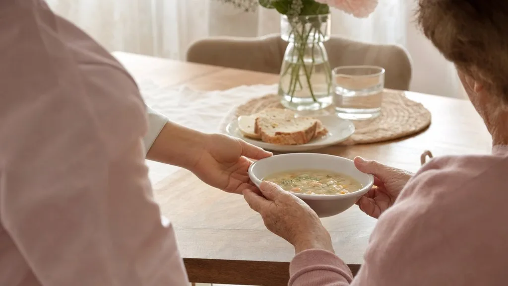 Mains qui aident une personne âgée à prendre un repas chaud à la maison