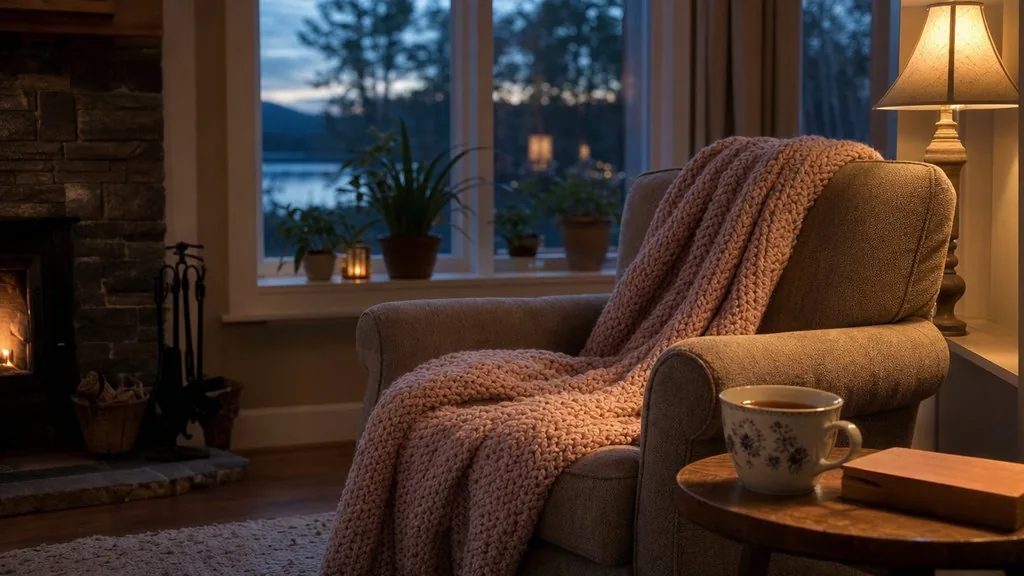 Salon chaleureux à la tombée du jour, fauteuil avec une couverture tricotée et lampe allumée